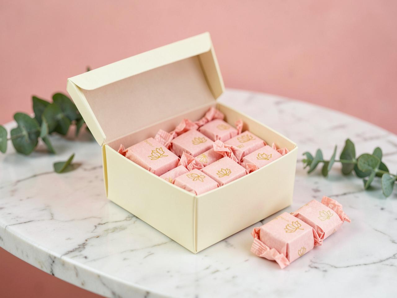 Krówki w pastelowych papierkach na recepcji salonu