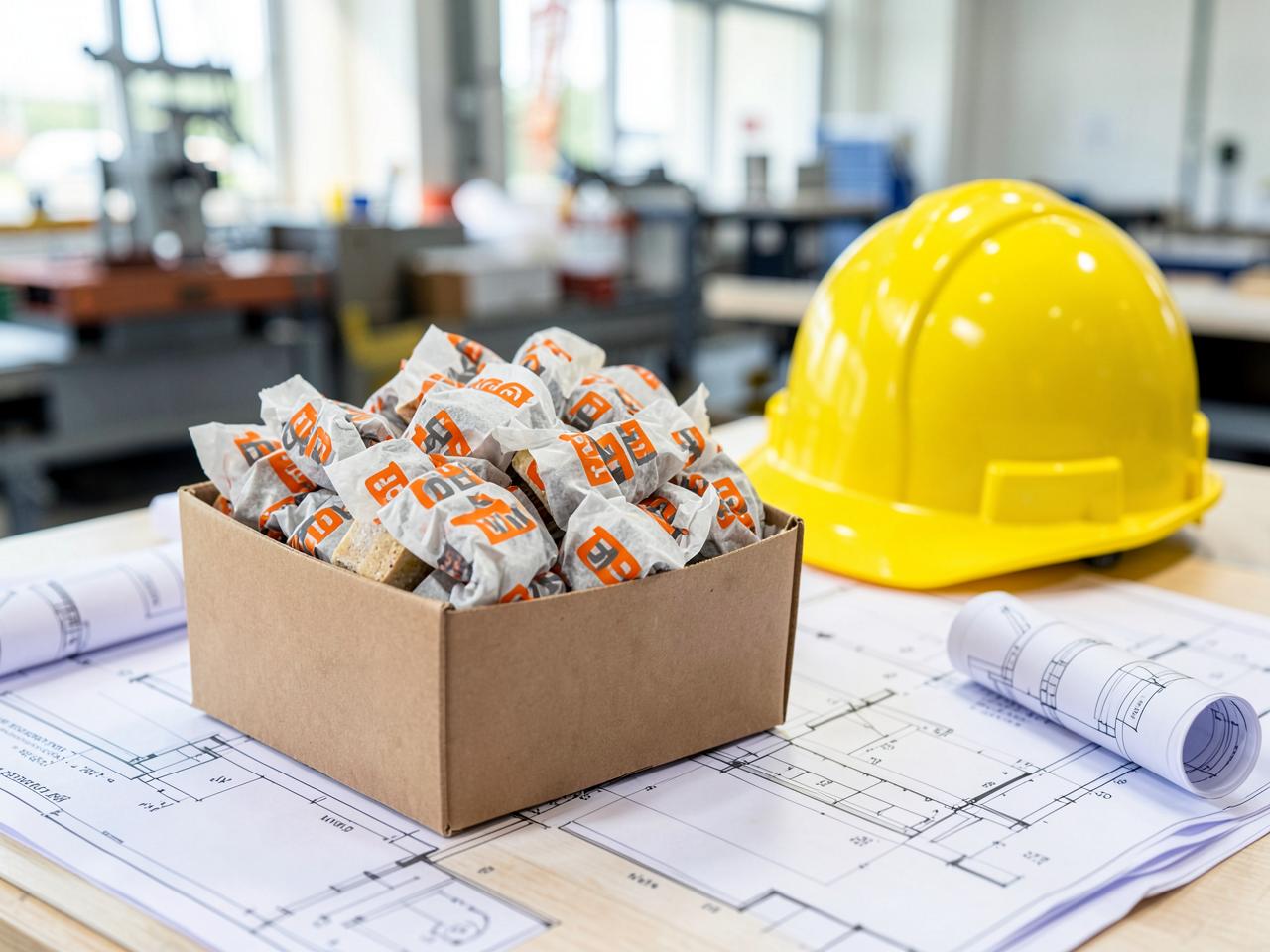 Krówki z wyrazistym brandingiem w kartoniku obok kasku i projektów budowlanych