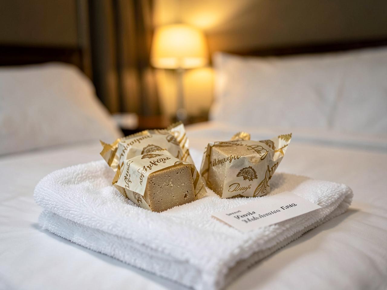 Krówki w złoto-kremowych papierkach na ręczniku jako powitanie w pokoju hotelowym