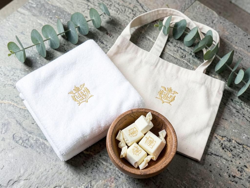 Zestaw „Zestaw SPA” — Krówki + ręcznik z haftem + torba — upominek dla gości strefy wellness.