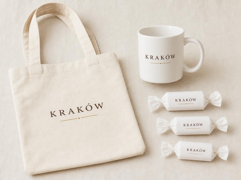 Kraków minimalistyczny — przykładowa kolekcja: torba, kubek i krówki z jedną grafiką