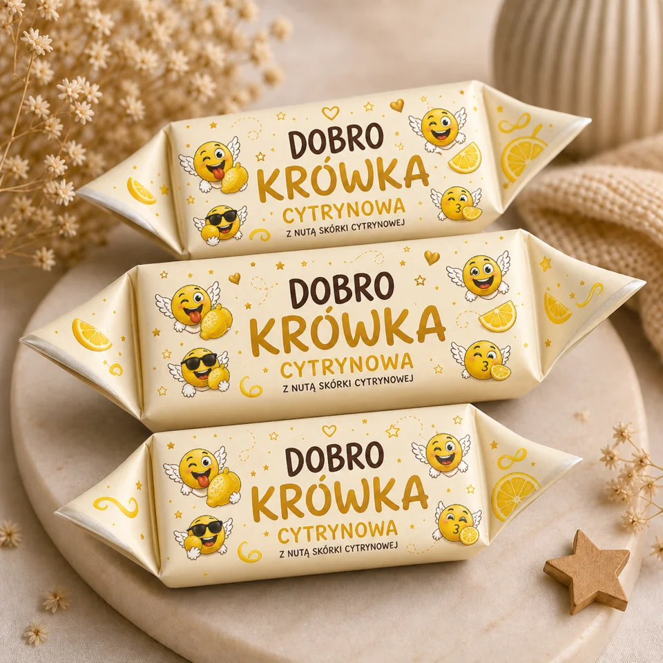 Wizualizacja krówek okolicznościowych Dobro Krówka w żółto-kremowych papierkach z emotikonami