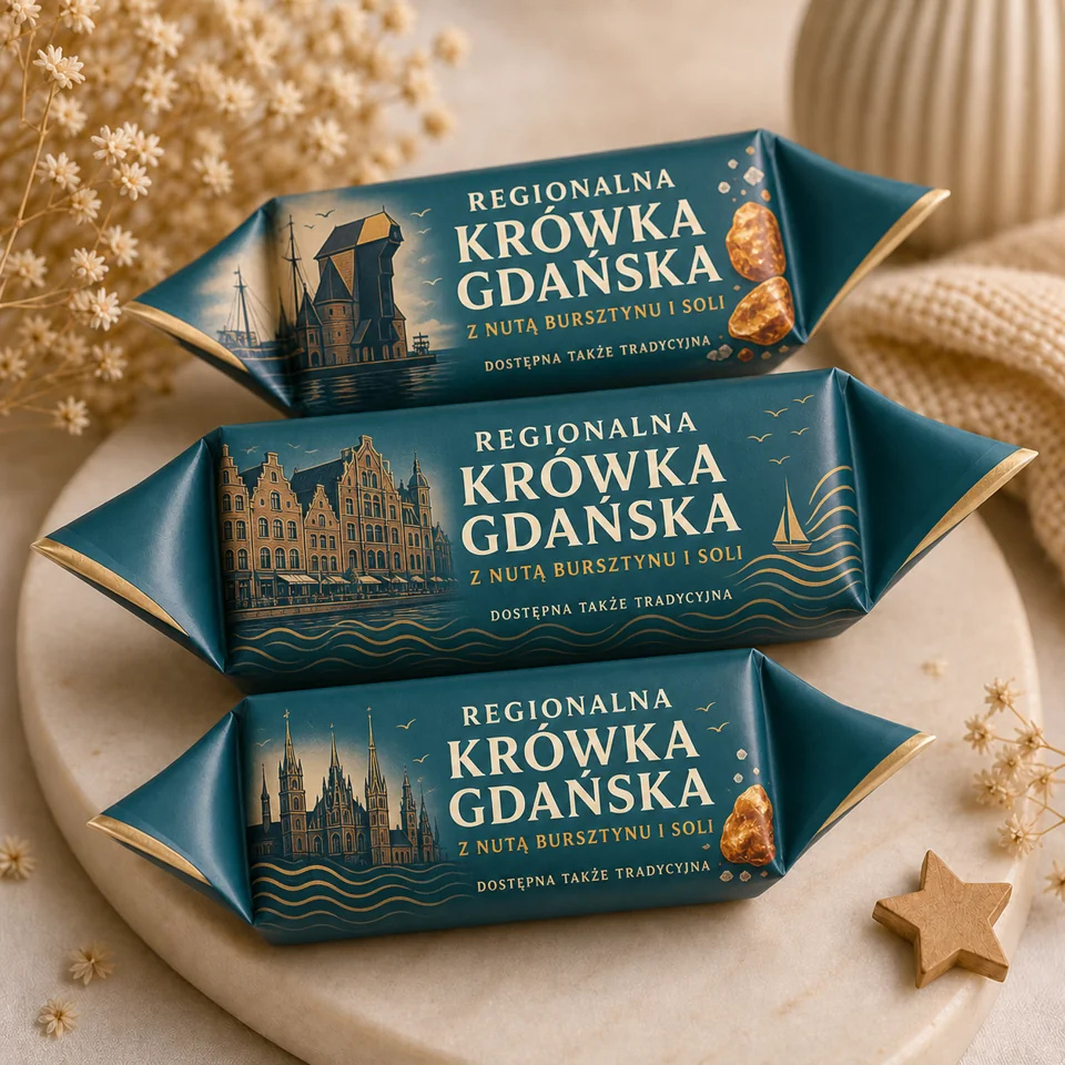 Wizualizacja private label: Regionalna Krówka Gdańska w zielono-złotych papierkach z motywami miasta